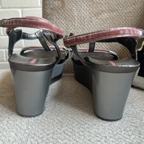 PRADA Metallic & Velvet Wedge Sandals - Picture 8 of 10